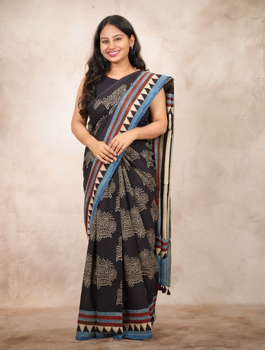 Black Ajrakh Hand Block Printed Cotton Saree | Looms & Tassels