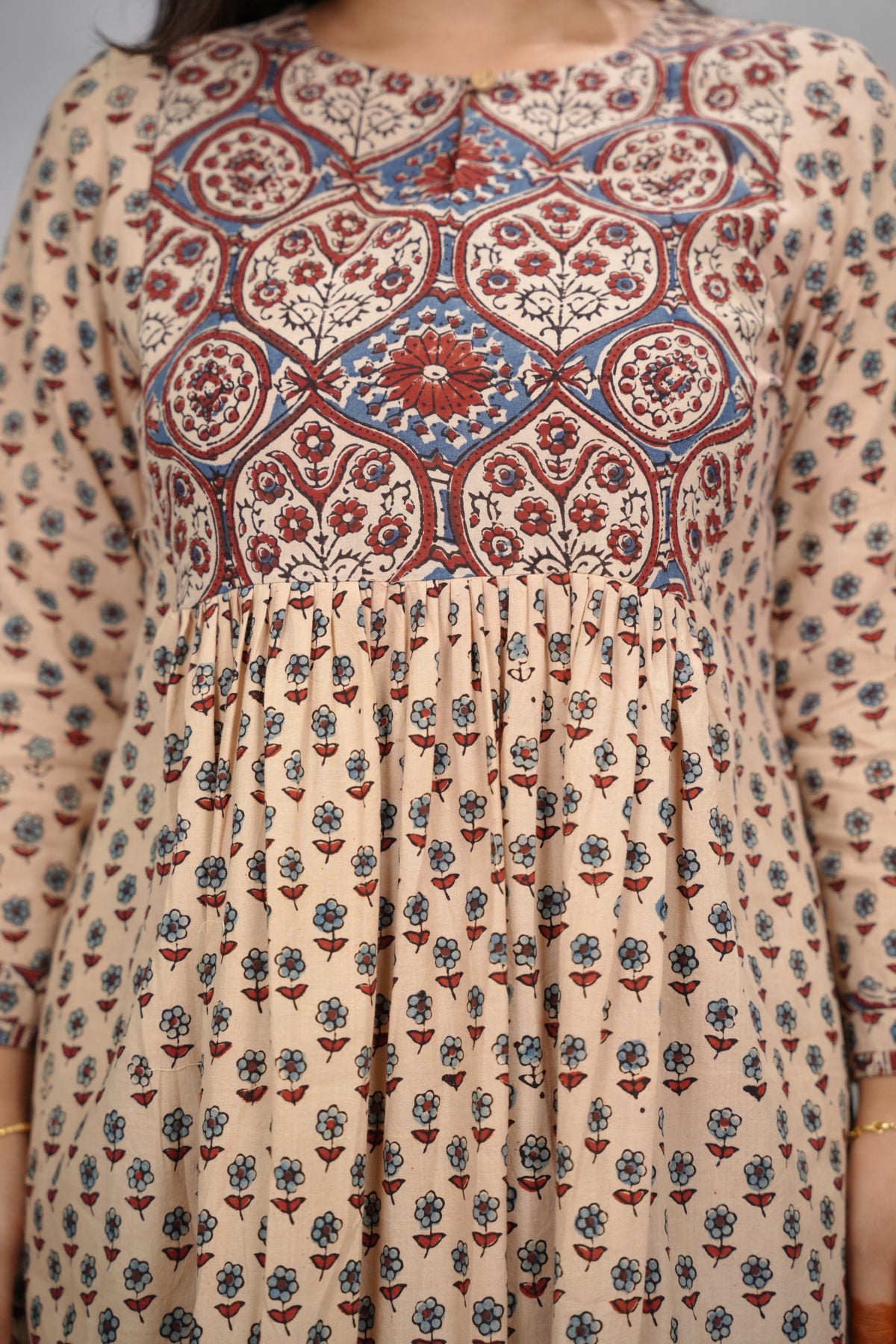 Cream Ajrakh Cotton Patchwork Aline Kurta | Looms & Tassels