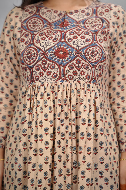 Cream Ajrakh Cotton Patchwork Aline Kurta | Looms & Tassels