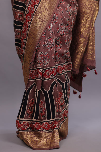 Brown Flower Butta Authentic Ajrakh Hand Block printed  Dola Silk Saree | Looms & Tassels