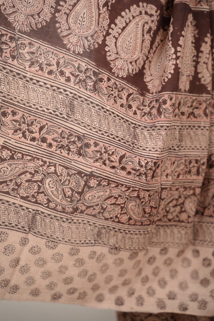 Maroon Hand Block Printed Kalamkari Cotton Saree | Looms & Tassels