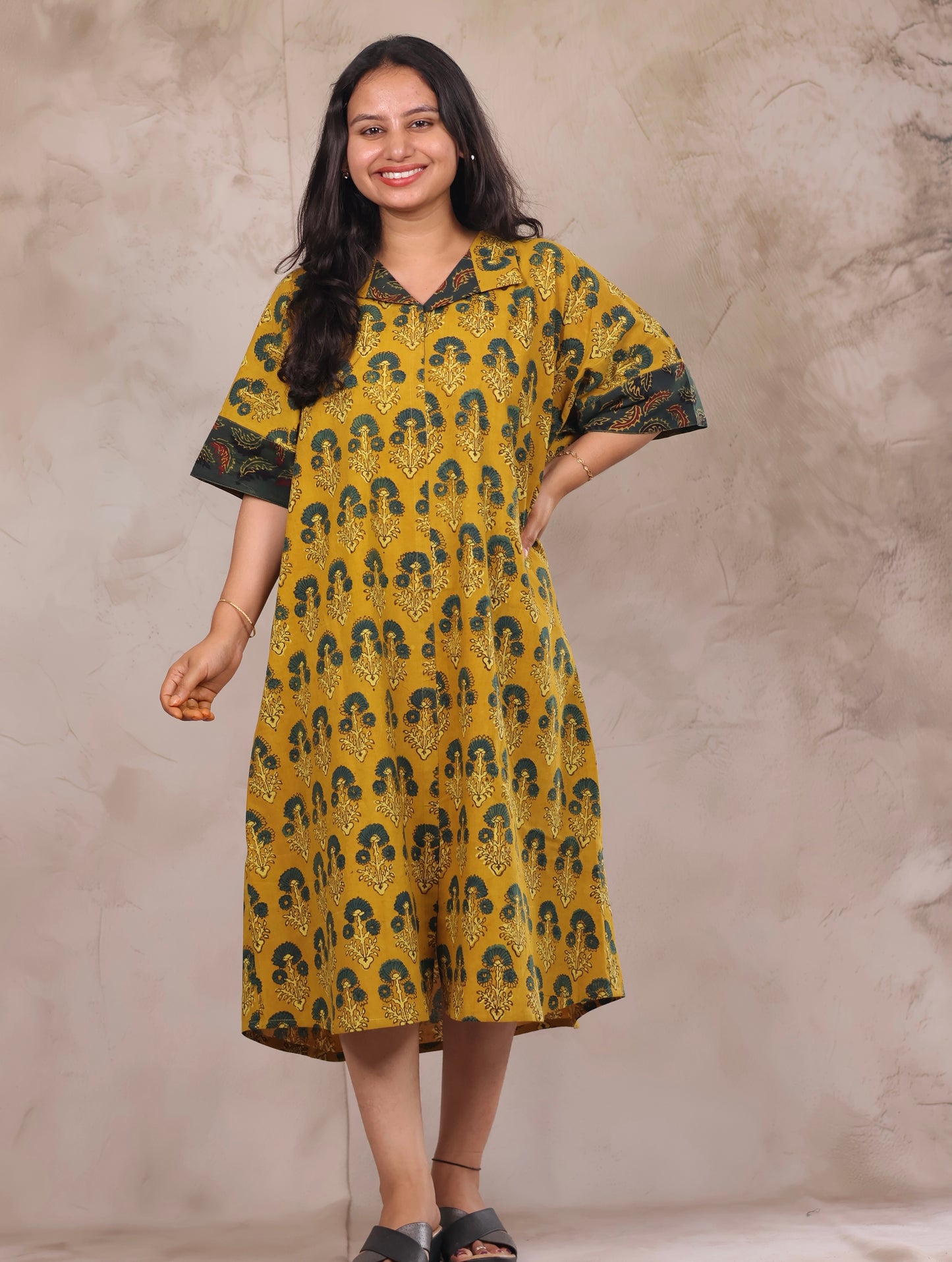 Mustard Ajrakh Handblock Printed Cotton Kaftan shirt dress – Elegant & Breathable Ethnic Wear | Looms & Tassels