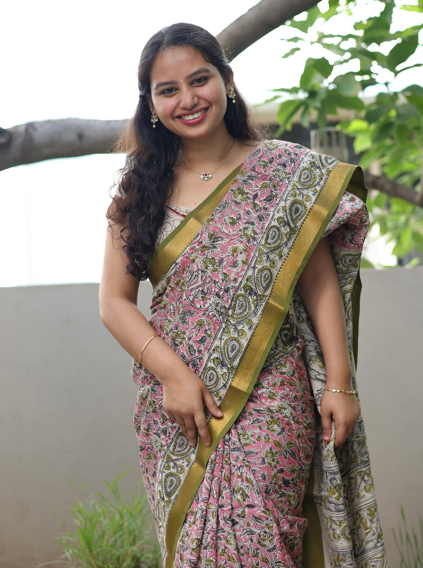 Pink Hand Block Printed Kalamkari Nizam Border Silk Sare