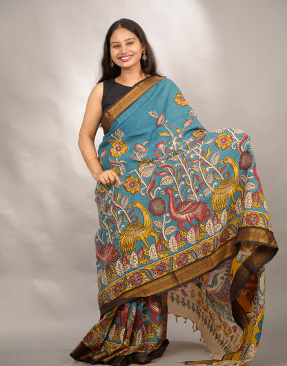 Blue Kalamkari Nizam Border Chennur Silk Saree | Looms & Tassels