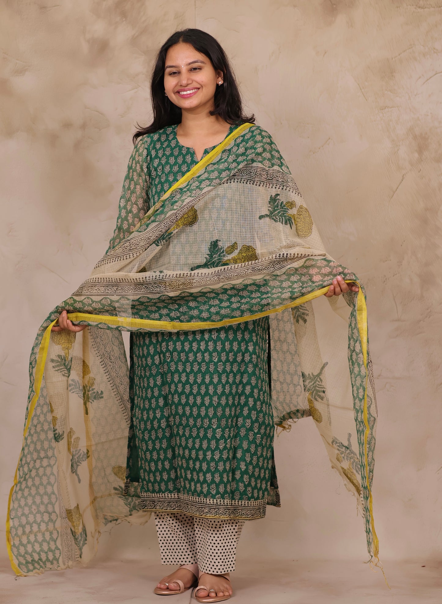 Green Handblock printed kota 3 piece suit (stitched)