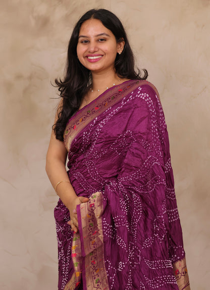 Magenta Handcrafted Pattern Bandhani Paithani Dola Silk Saree | Looms & Tassels