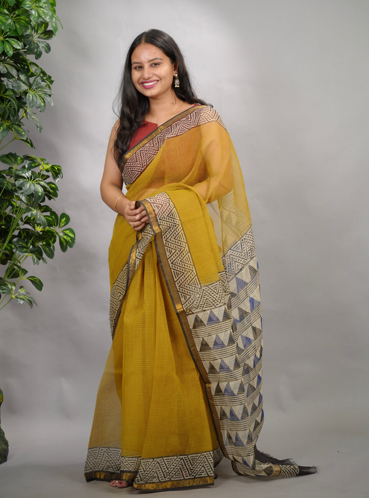 Mustard Pure Kota Doria Saree with Bagru Handblock Prints