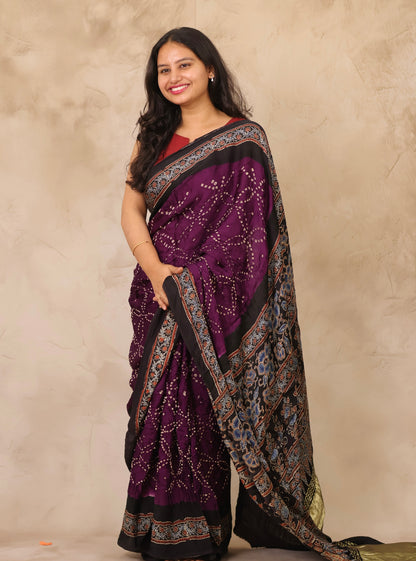 Jamun Hand Knotted Bandhej Arakh Modal Silk Saree with Lagdi Pallu | Looms & Tassels