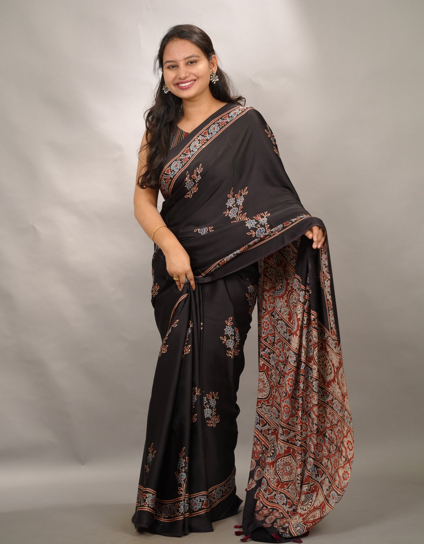 Black Authentic Ajrakh Handblock Printed Modal Silk Saree | Looms & Tassels