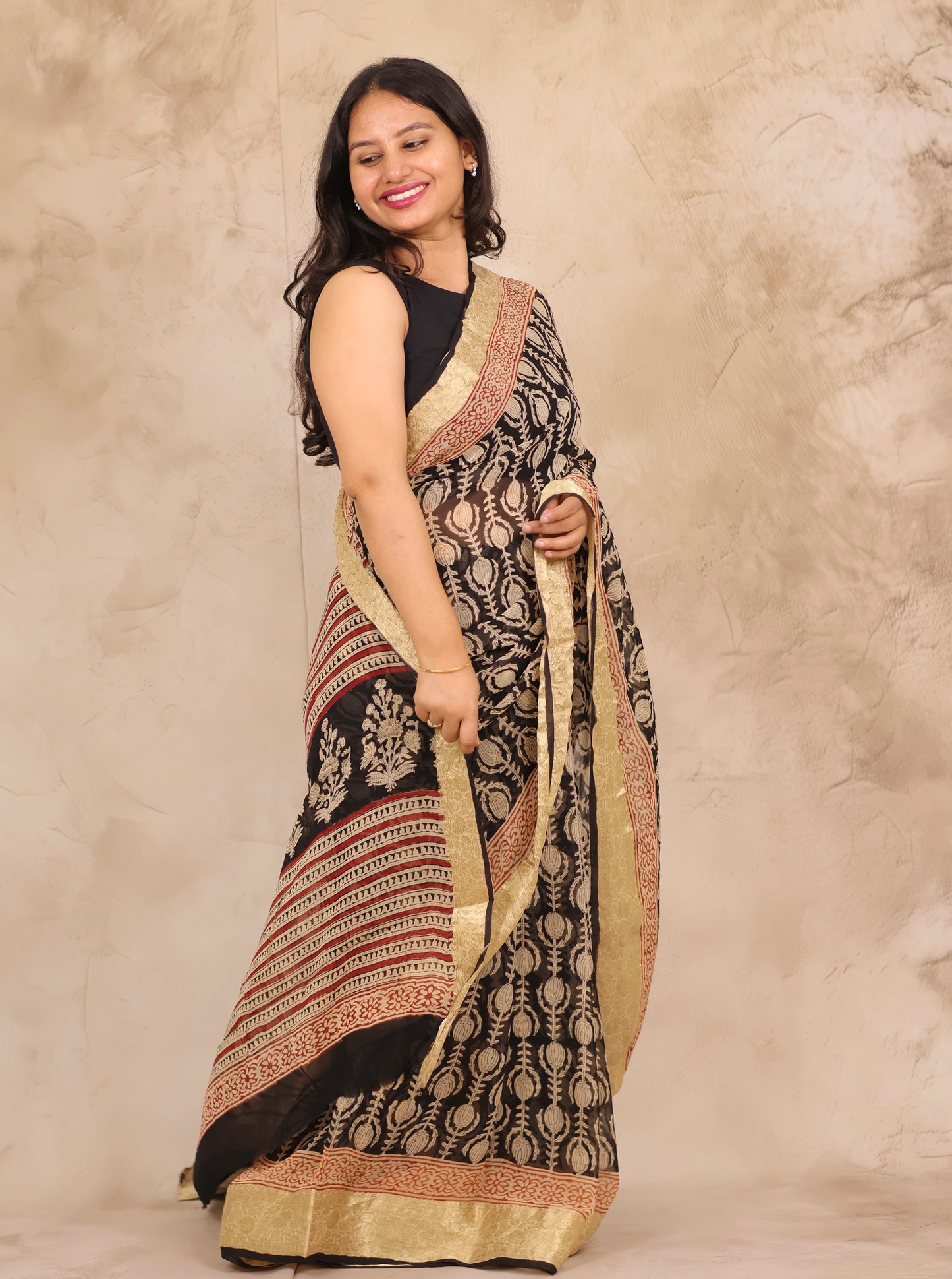 Black Chiffon Hand Block Printed Saree with Jari Border | Looms & Tassels