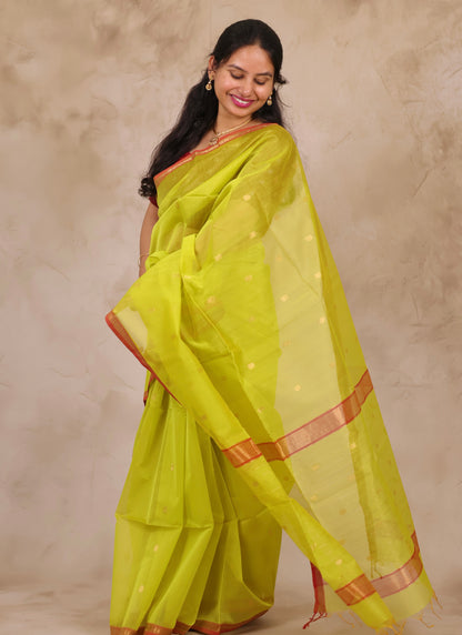 Lime Green Handloom Maheswari Silk Cotton Sarees | Looms & Tassels
