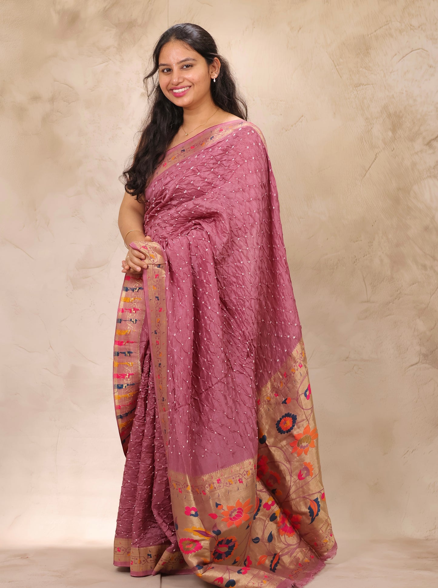 Onion Pink Handcrafted Bandhani Paithani Dola Silk Saree | Looms & Tassels