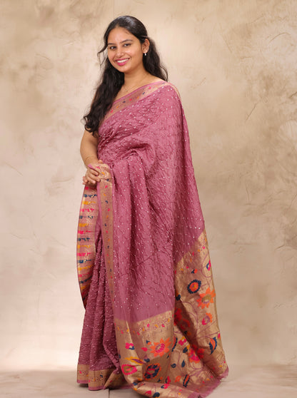 Onion Pink Handcrafted Bandhani Paithani Dola Silk Saree | Looms & Tassels