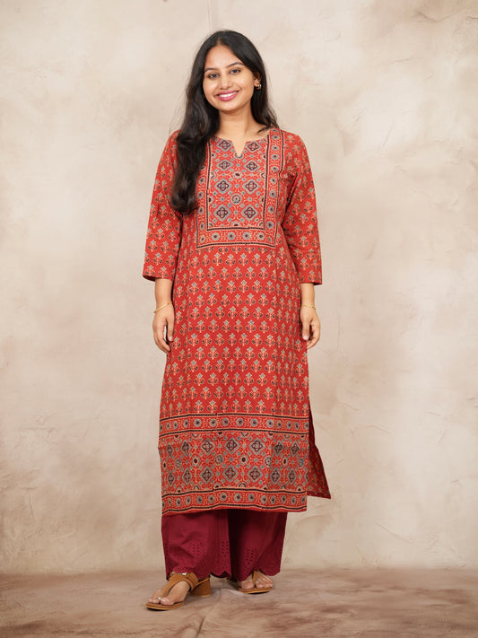 Red Ajrakh Pattern Hand Block printed Kurti | Looms & Tassels