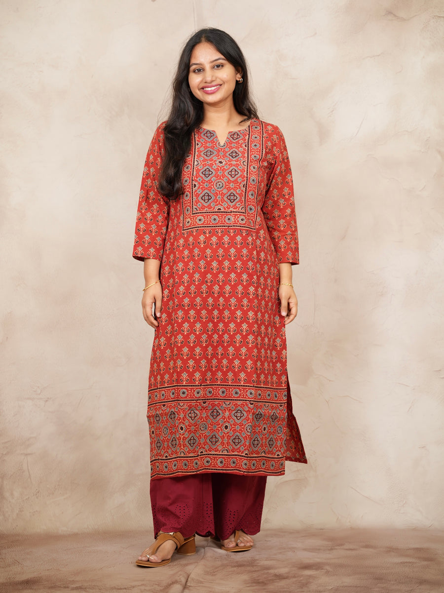 Red Ajrakh Pattern Hand Block printed Kurti | Looms & Tassels