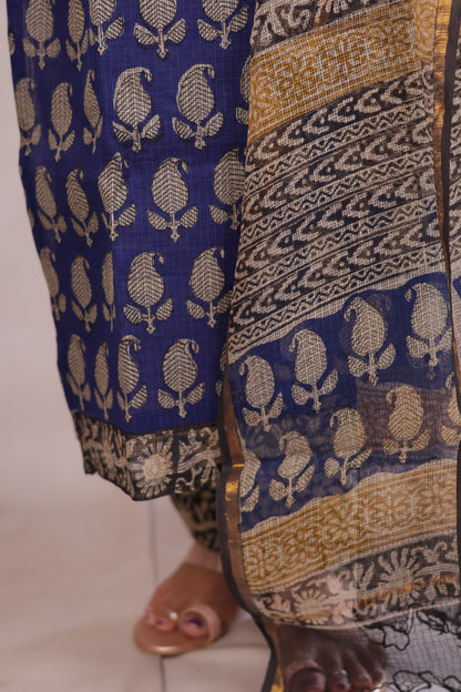 Blue Bagru Handblock printed kota 3 piece suit (stitched)