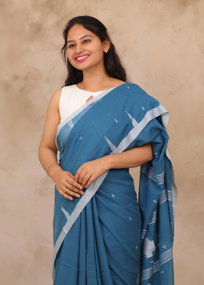 Blue Handwoven Malai Cotton Saree| Looms & Tassels