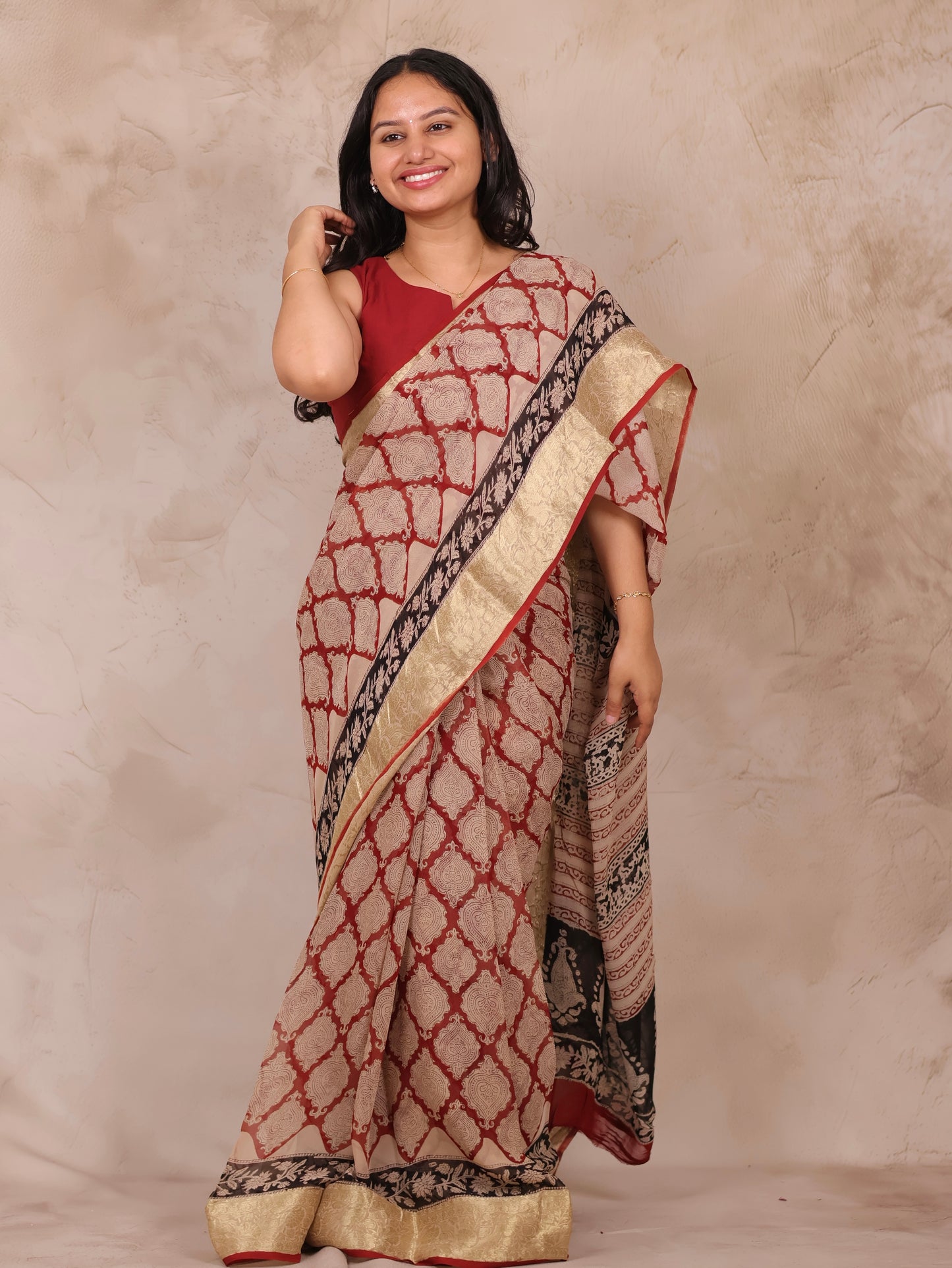 Maroon Chiffon Hand Block Printed Saree with Jari Border | Looms & Tassels
