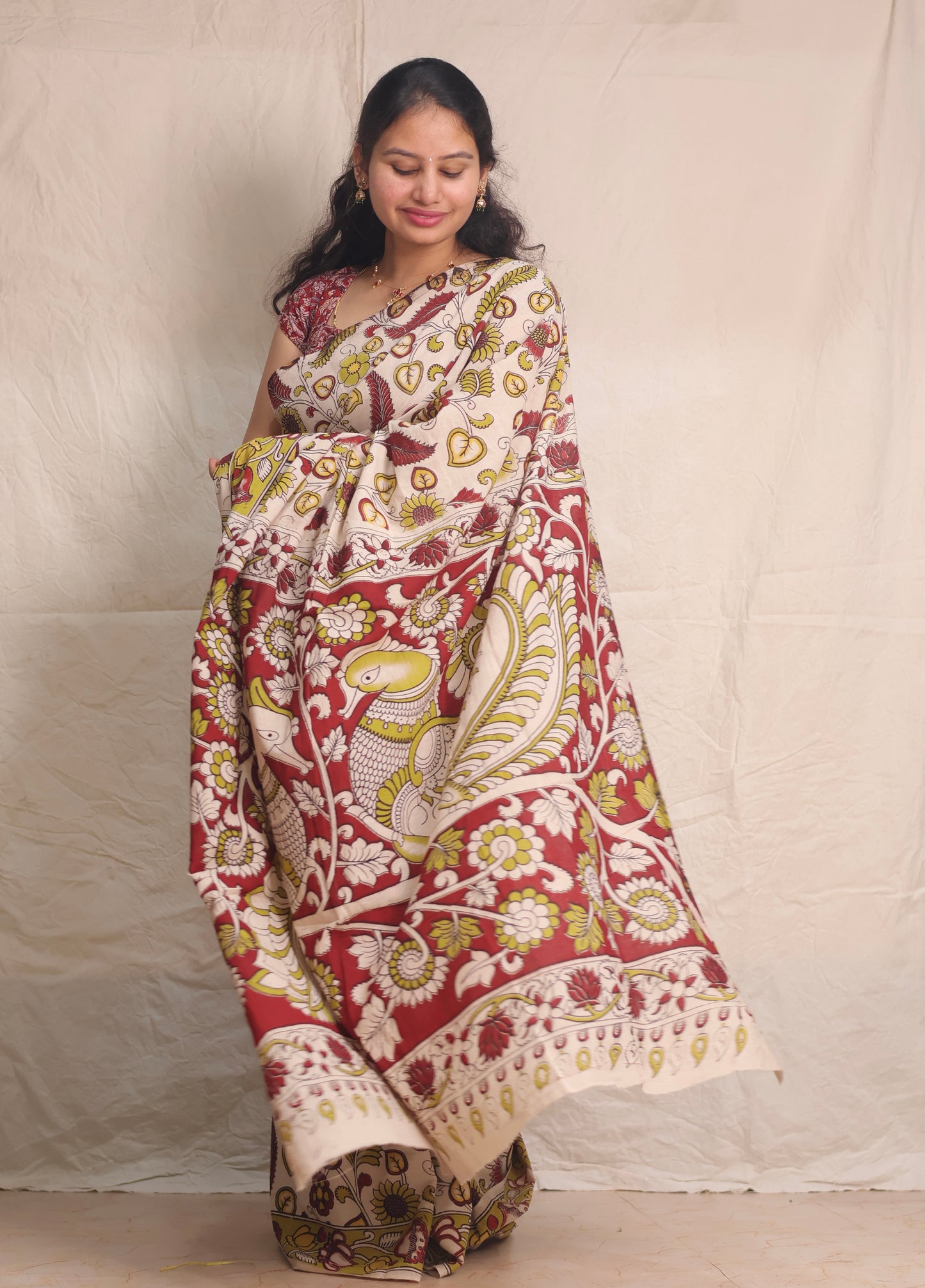 Cream Kalamkari Cotton Saree
