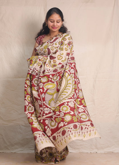 Cream Kalamkari Cotton Saree