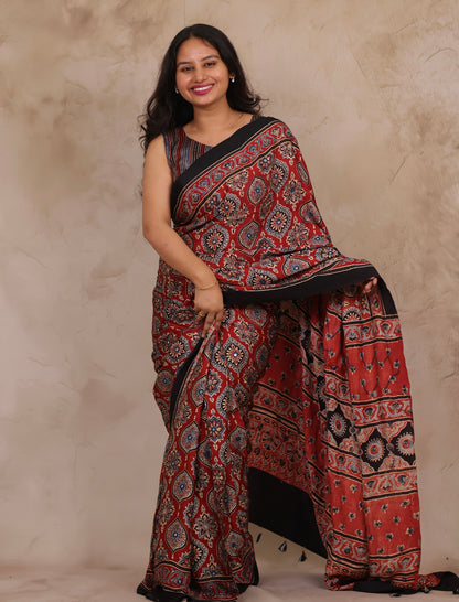 Red Handcrafted Ajrakh Modal Silk Saree with Authentic Banjara Mirror Work | Looms & Tassel
