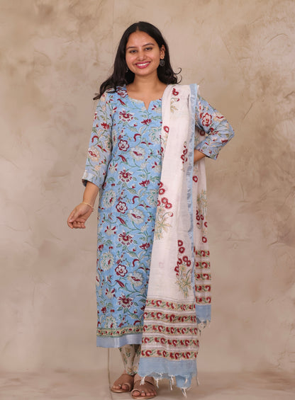 Sky Blue Linen Cotton Handblock printed 3 piece suit (stitched)