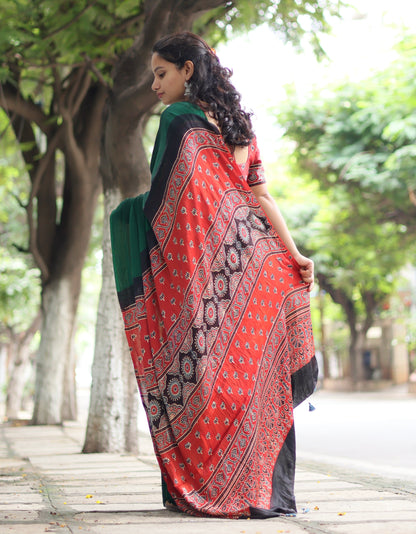 Green Ajrakh Modal Silk Saree