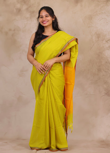 Lemon Yellow Narayanpet Cotton Saree | Looms & Tassels