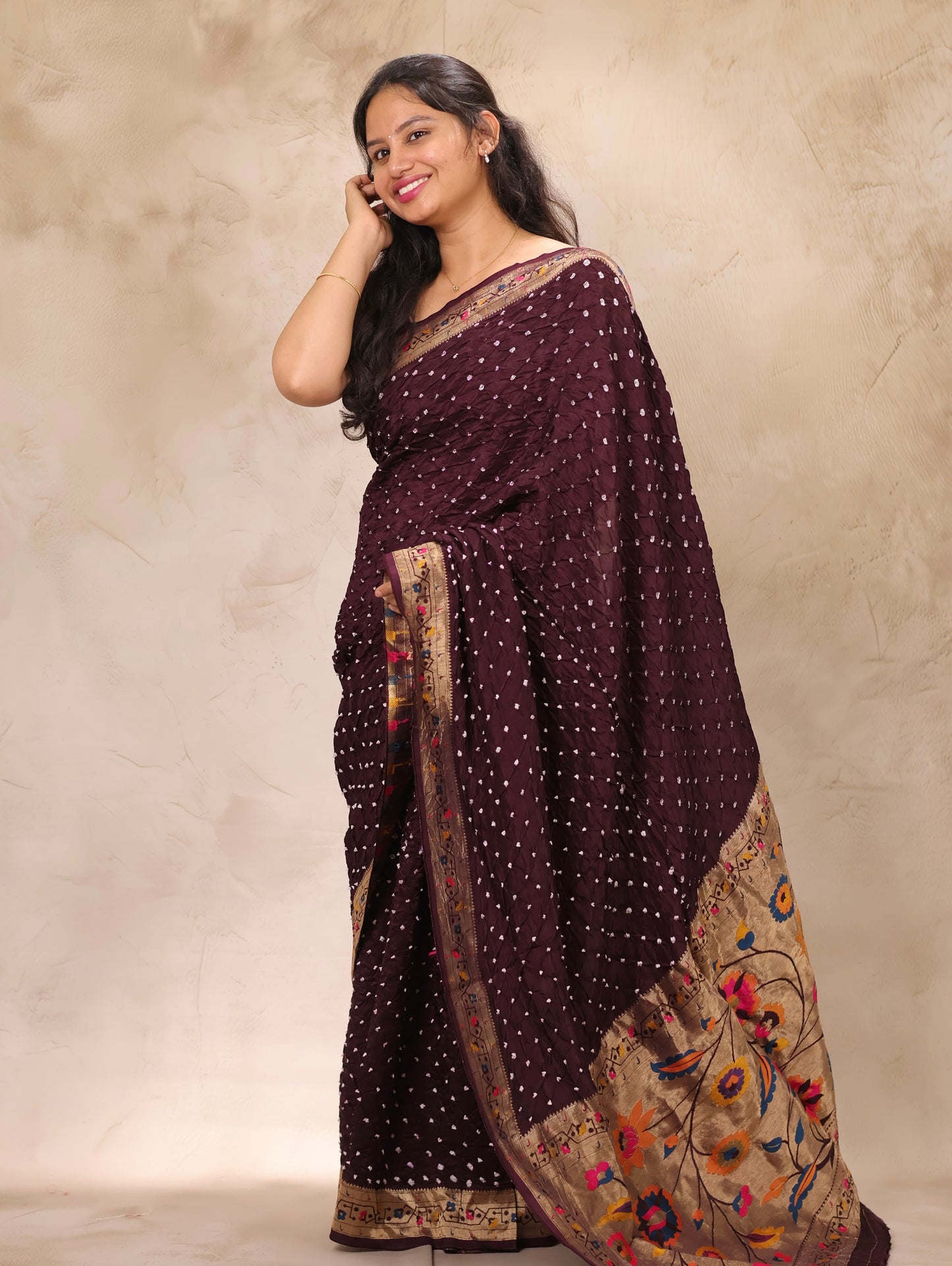 Deep purple Handcrafted Bandhani Paithani Dola Silk Saree | Looms & Tassels