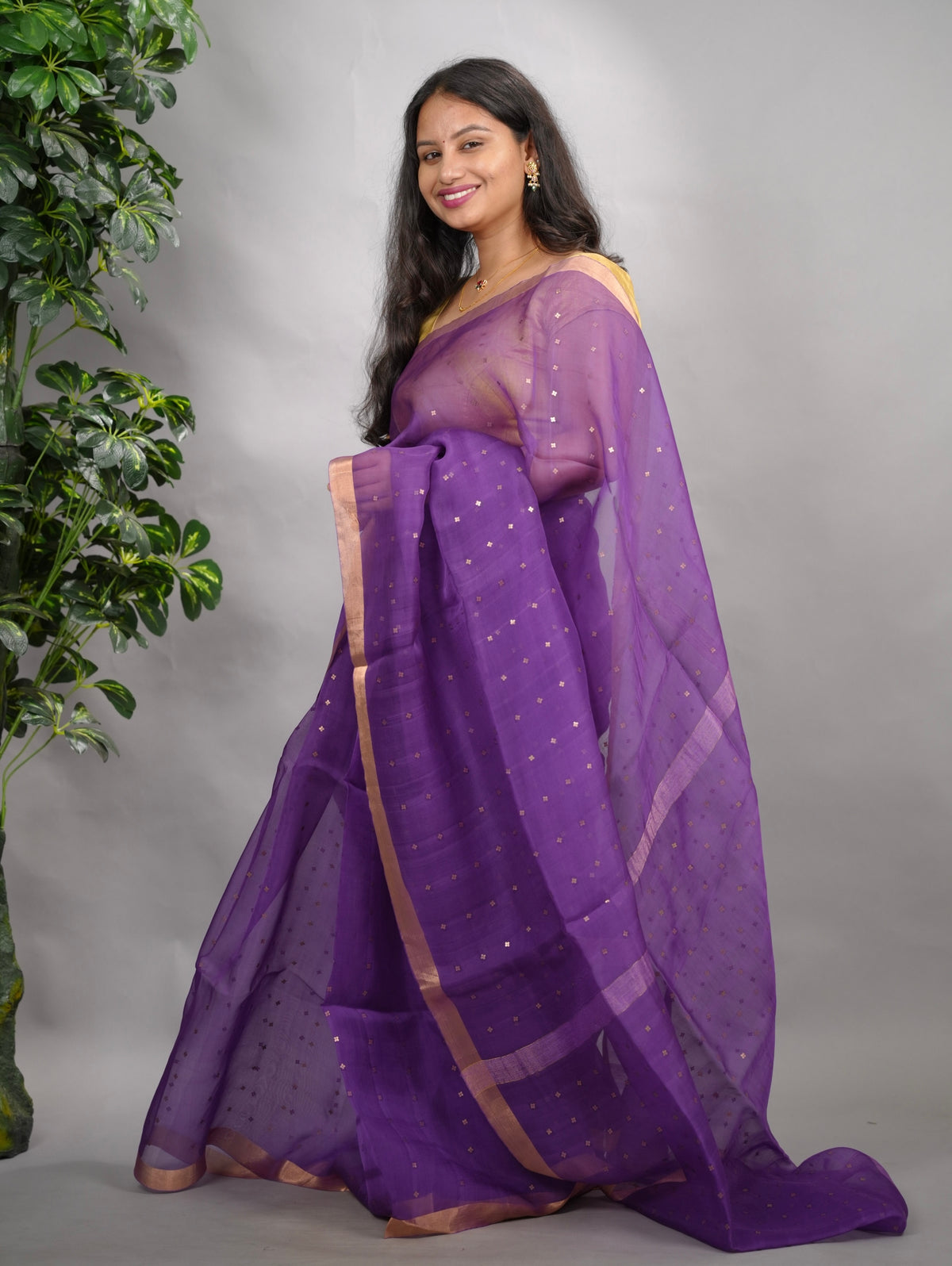 Purple Handwoven Muslin Silk Saree With Sequence Work | Looms & Tassels