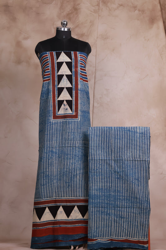 Indigo Ajrakh Handblock Printed Pure Cotton 2 Piece Suit Set | Looms & Tassels