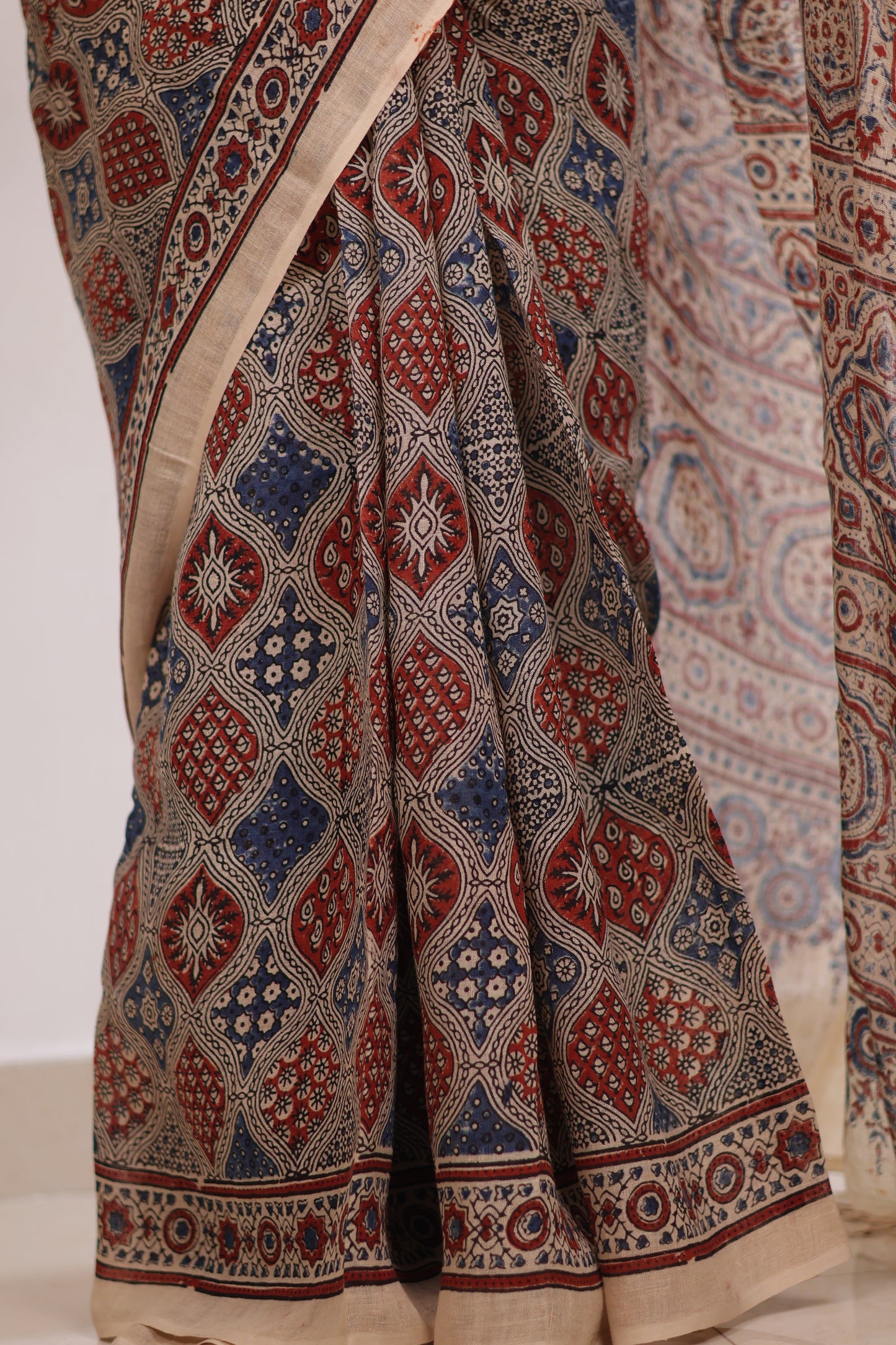 Cream Badam Butta Ajrakh Handblock Printed Saree