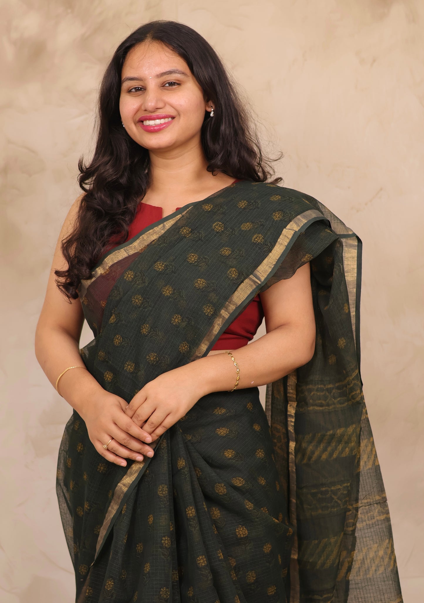 Green Pure Kota Doria Saree with Bagru Handblock Prints | Looms & Tassels