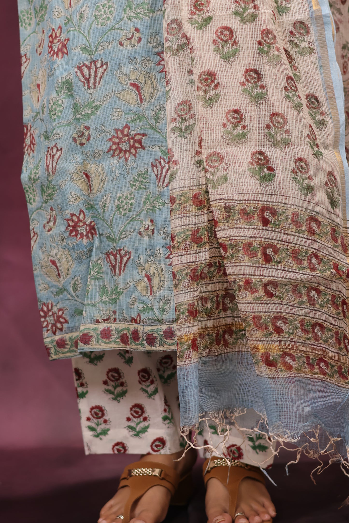 Sky Blue Handblock printed kota 3 piece suit (stitched)