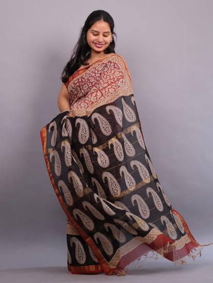 Red & Black Bagru Hand Block Printed Maheswari Silk Cotton Saree