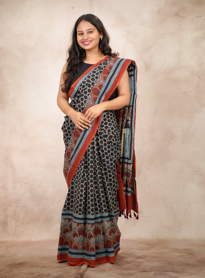 Black & Red Ajrakh Hand Block Printed Cotton Saree | Looms & Tassels