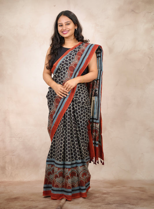 Black & Red Ajrakh Hand Block Printed Cotton Saree | Looms & Tassels