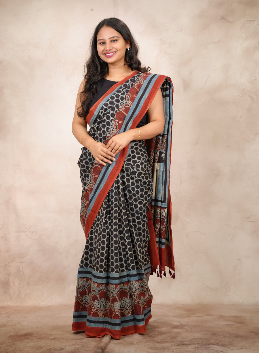 Black & Red Ajrakh Hand Block Printed Cotton Saree | Looms & Tassels