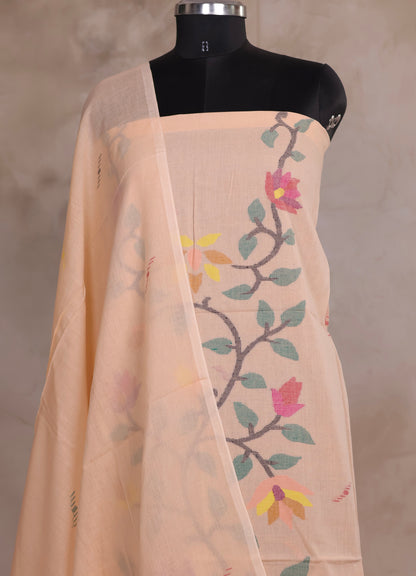 Pastel Peach Handwoven Jamdhani weaving pure Malai cotton 2 piece suit sets | Looms & Tassels