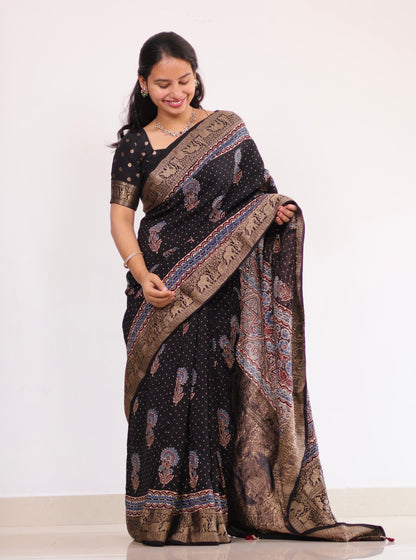 Black Ajrakh Dola Silk Saree