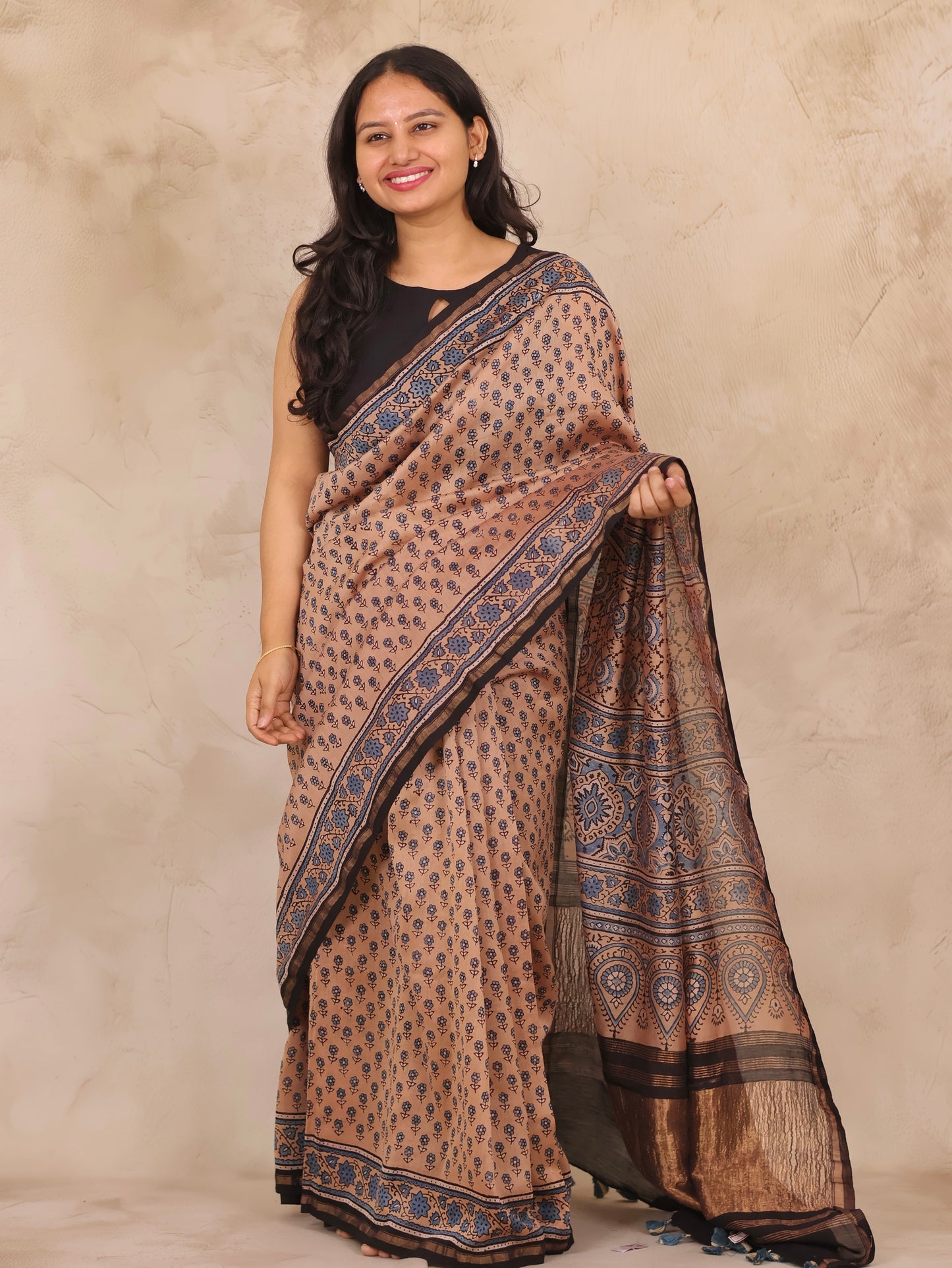 Maheswari Silk Cotton Ajrakh Handblock Printed Saree | Looms & Tassels