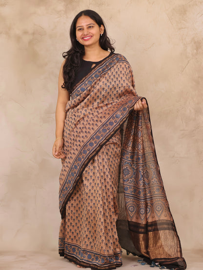 Maheswari Silk Cotton Ajrakh Handblock Printed Saree | Looms & Tassels