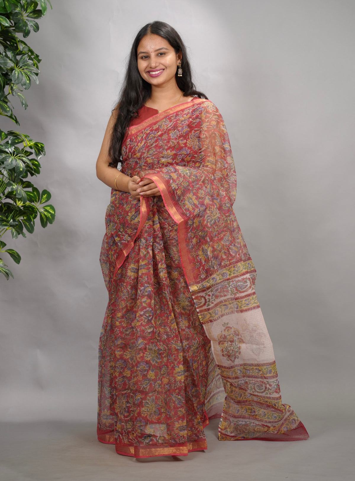 Red Floral Pure Kota Doria Saree with Bagru Handblock Prints