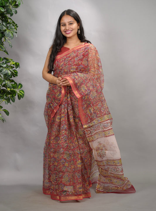 Red Floral Pure Kota Doria Saree with Bagru Handblock Prints