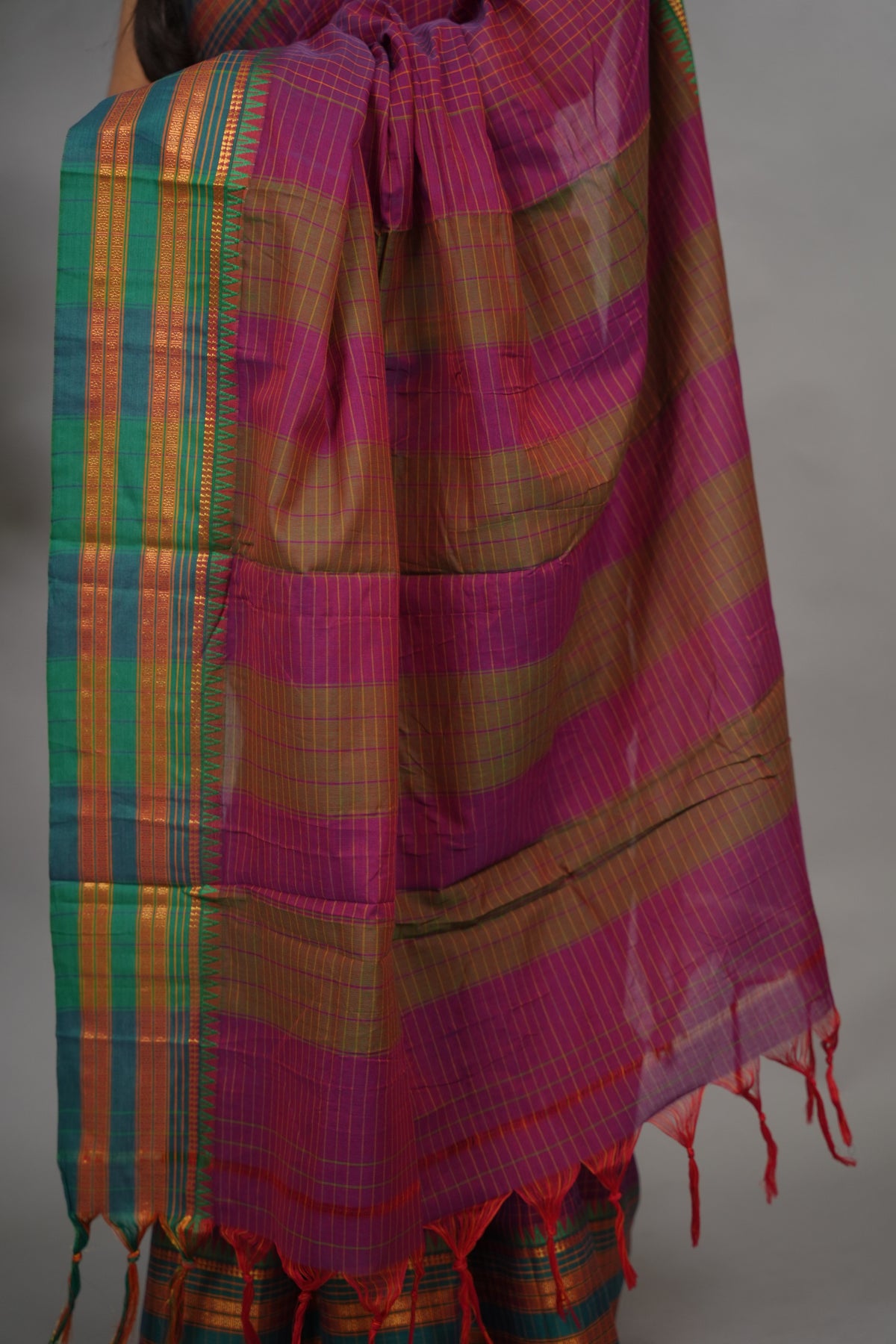 Magenta Checks Narayanpet Cotton Saree with Traditional contrast Border | Looms & Tassels