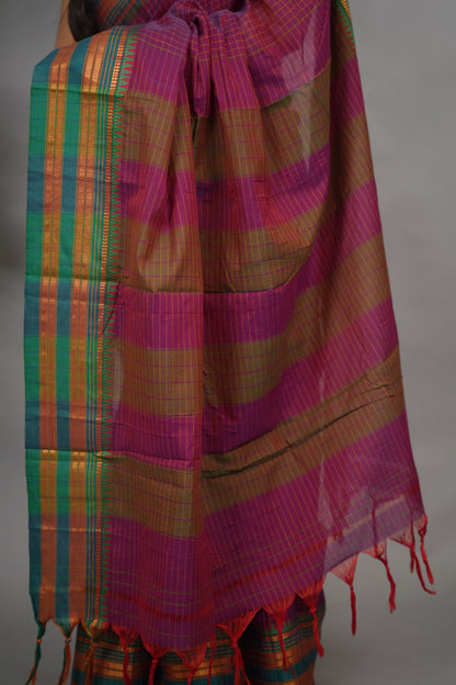 Magenta Checks Narayanpet Cotton Saree with Traditional contrast Border | Looms & Tassels