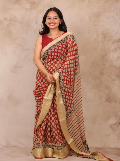 Maroon Chiffon Hand Block Printed Saree with Jari Border | Looms & Tassels