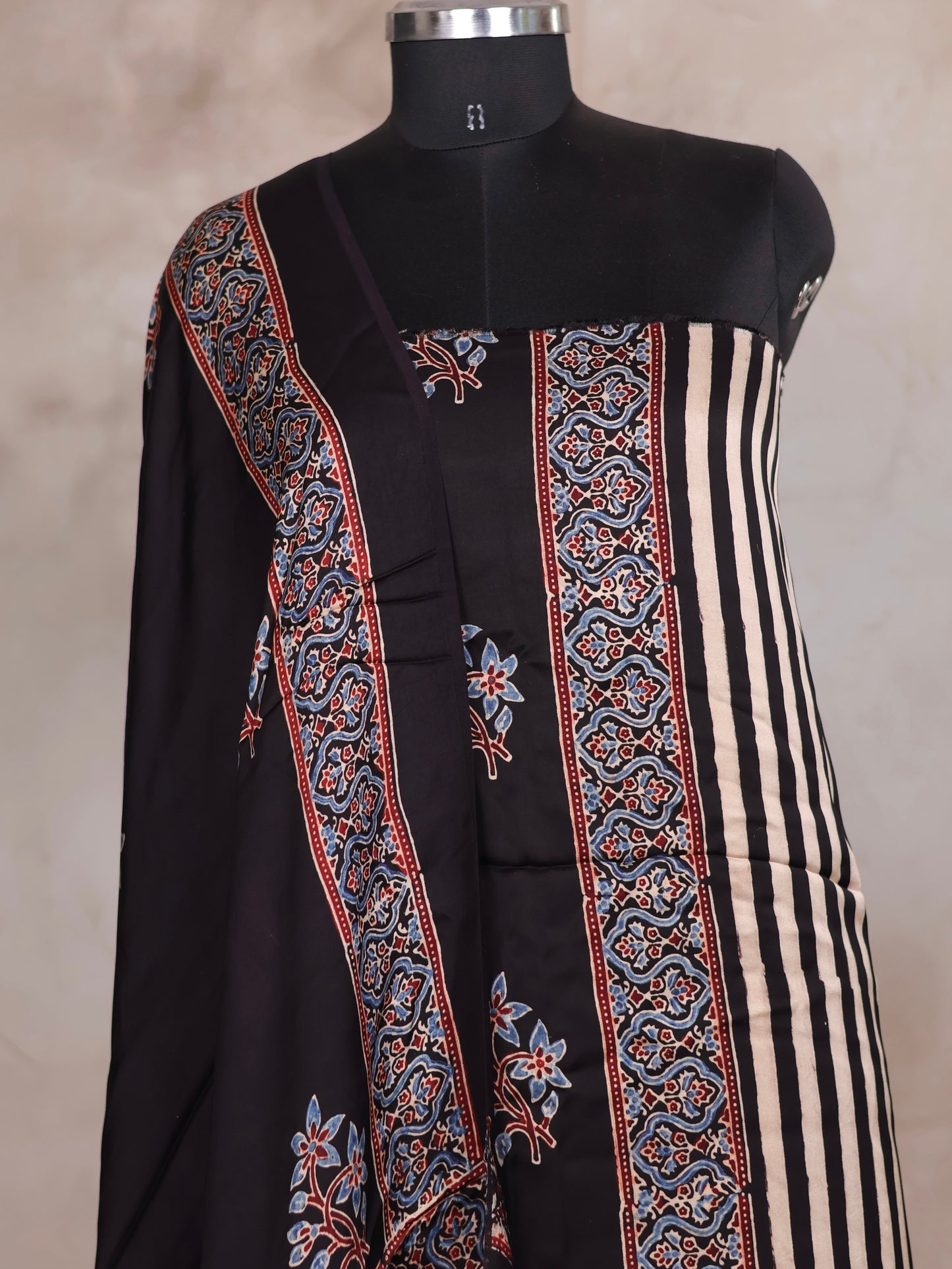 Black Ajrakh Handblock Printed Modal Silk 2 Piece Suit Set | Looms & Tassels