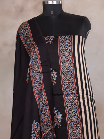 Black Ajrakh Handblock Printed Modal Silk 2 Piece Suit Set | Looms & Tassels
