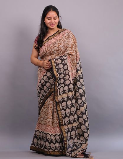 Bagru Hand Block Printed Maheswari Silk Cotton Saree